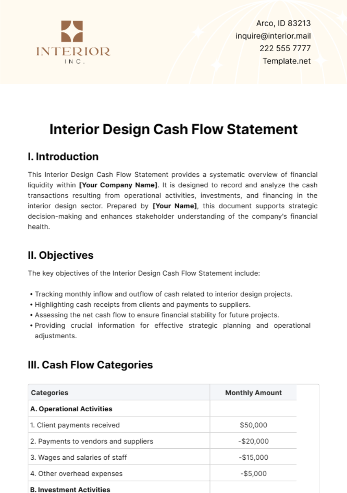 Free Interior Design Cash Flow Statement Template