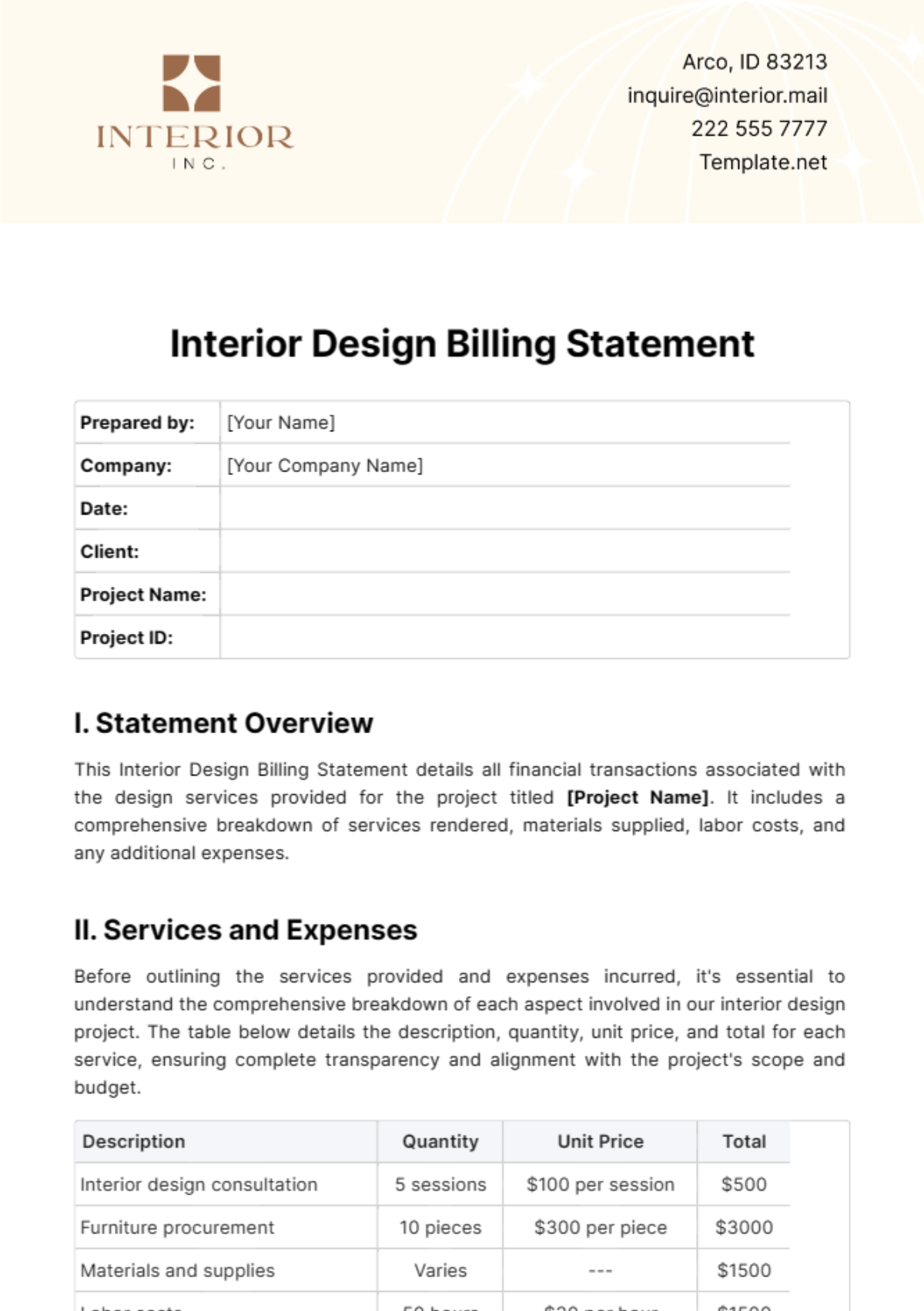 Free Interior Design Billing Statement Template