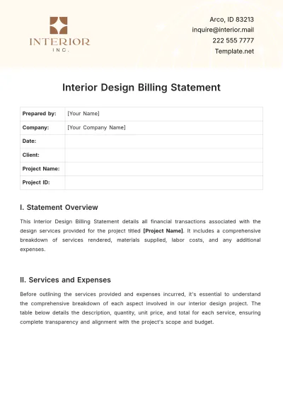 Free Interior Design Billing Statement Template to Edit Online