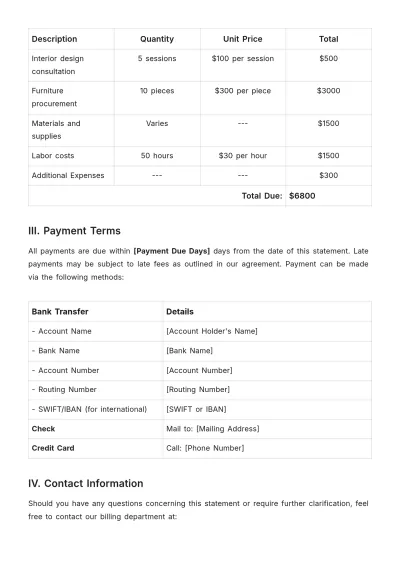 Free Interior Design Billing Statement Template to Edit Online