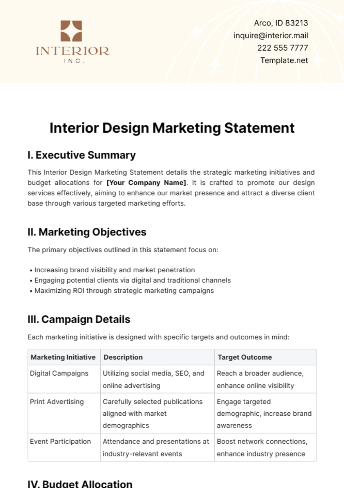 Interior Design Marketing Statement Template