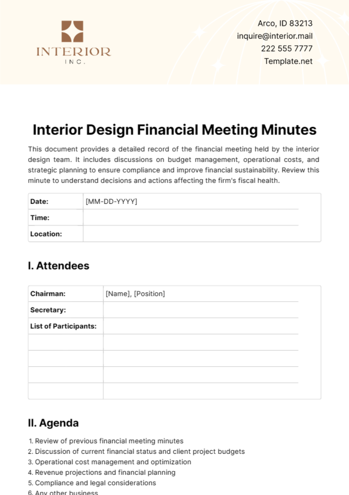 Free Interior Design Financial Meeting Minute Template