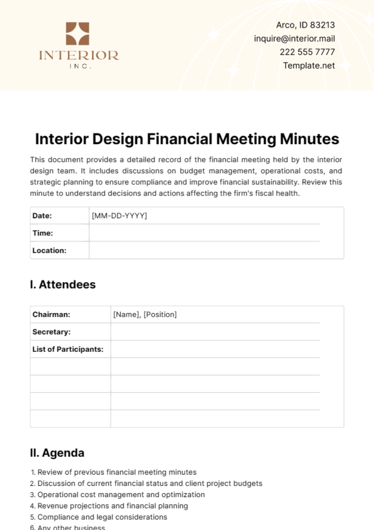 Interior Design Financial Meeting Minute Template - Edit Online & Download