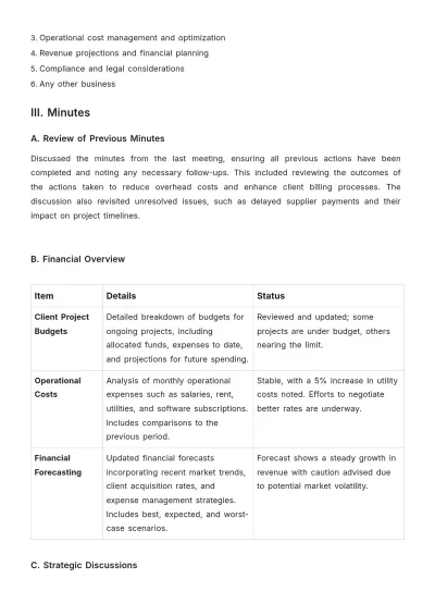 Free Interior Design Financial Meeting Minute Template to Edit Online