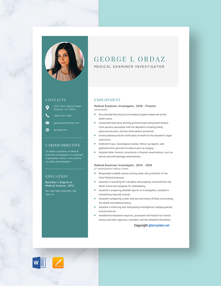Medical Examiner Investigator Resume Template - Word, Apple Pages