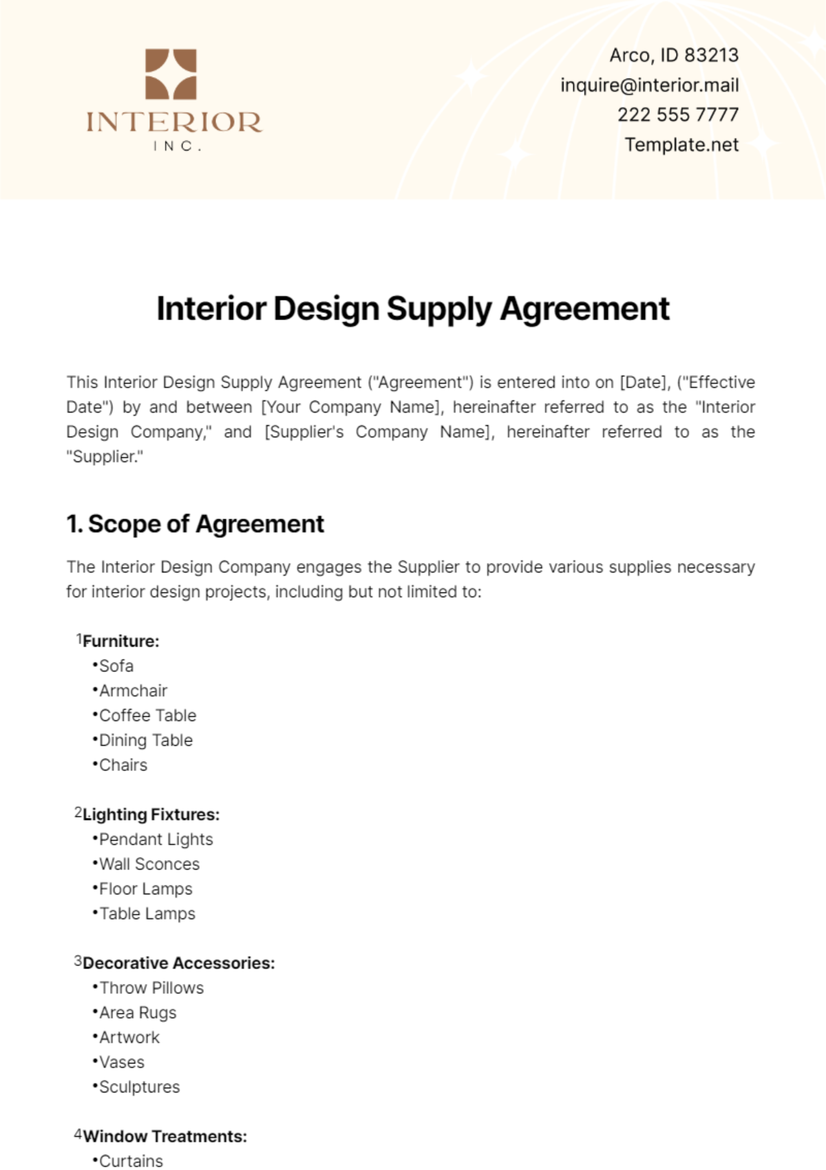 Interior Design Supply Agreement Template - Edit Online & Download