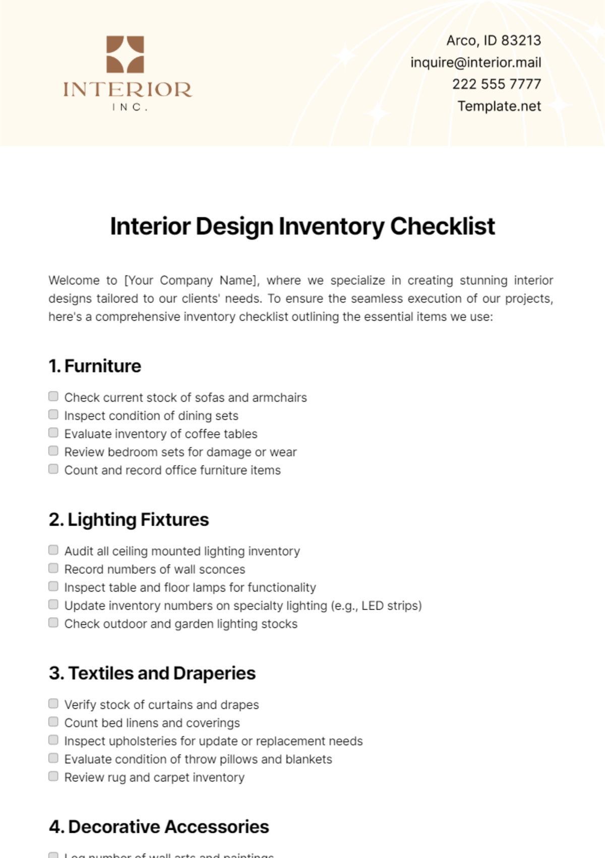 Interior Design Inventory Checklist Template - Edit Online & Download