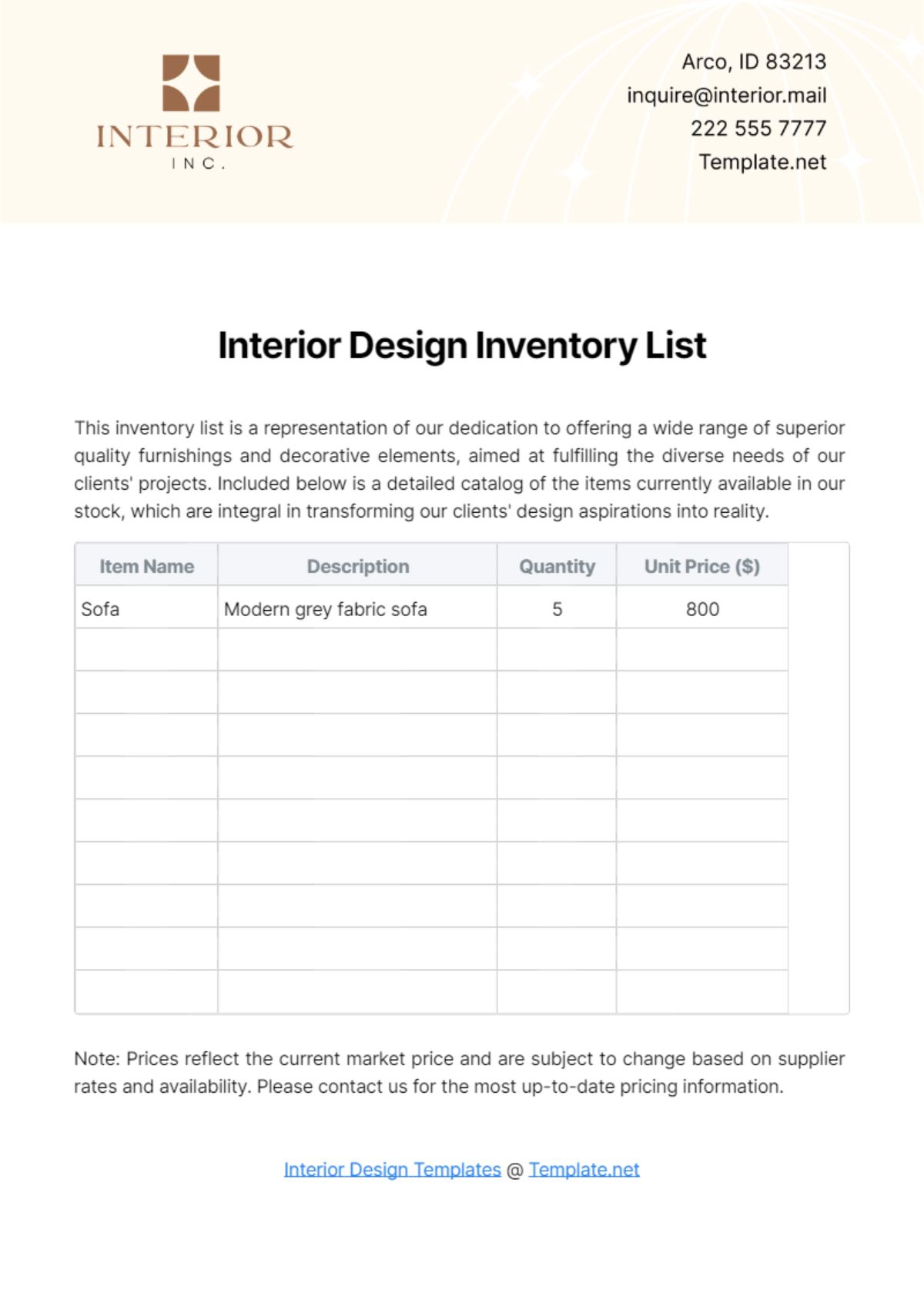 Interior Design Inventory List Template - Edit Online & Download