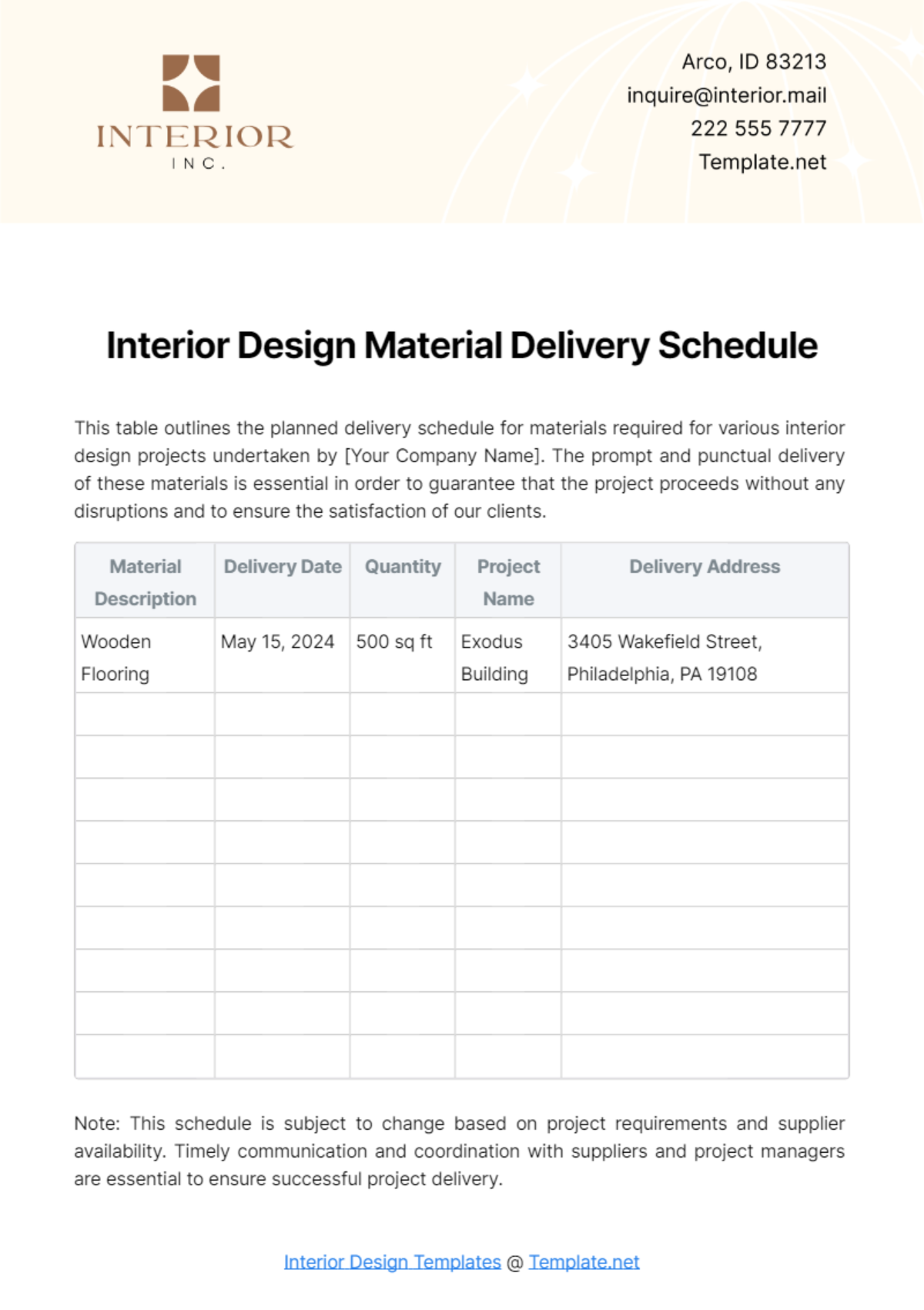 Interior Design Material Delivery Schedule Template - Edit Online & Download