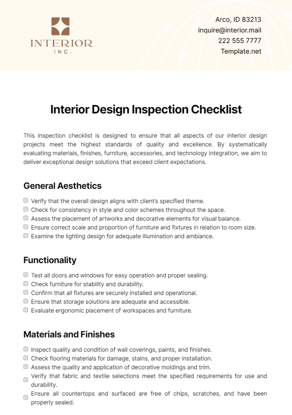 Free Interior Design Inspection Checklist Template