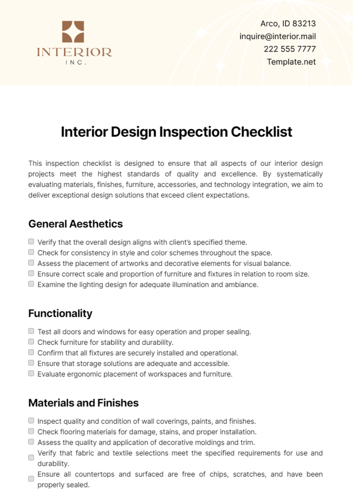 Interior Design Inspection Checklist Template - Edit Online & Download