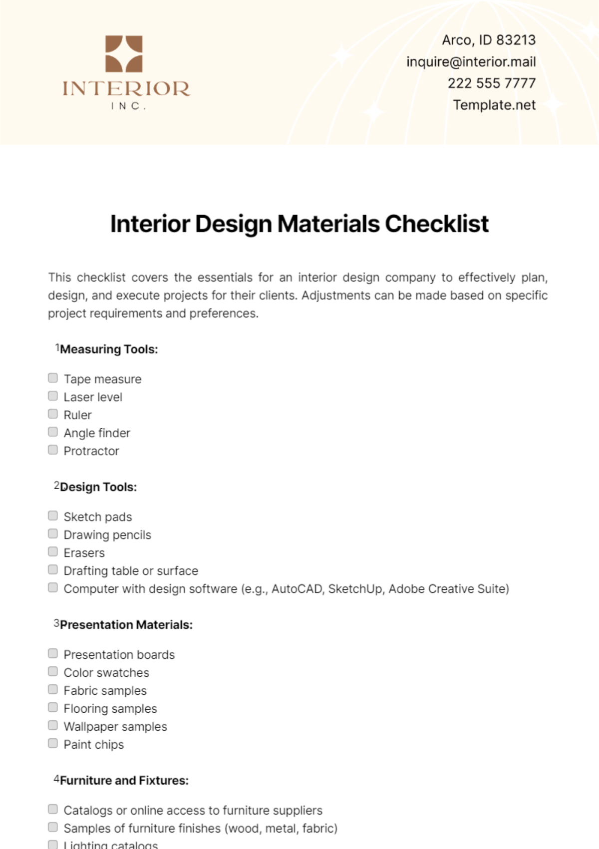 Free Interior Design Materials Checklist Template