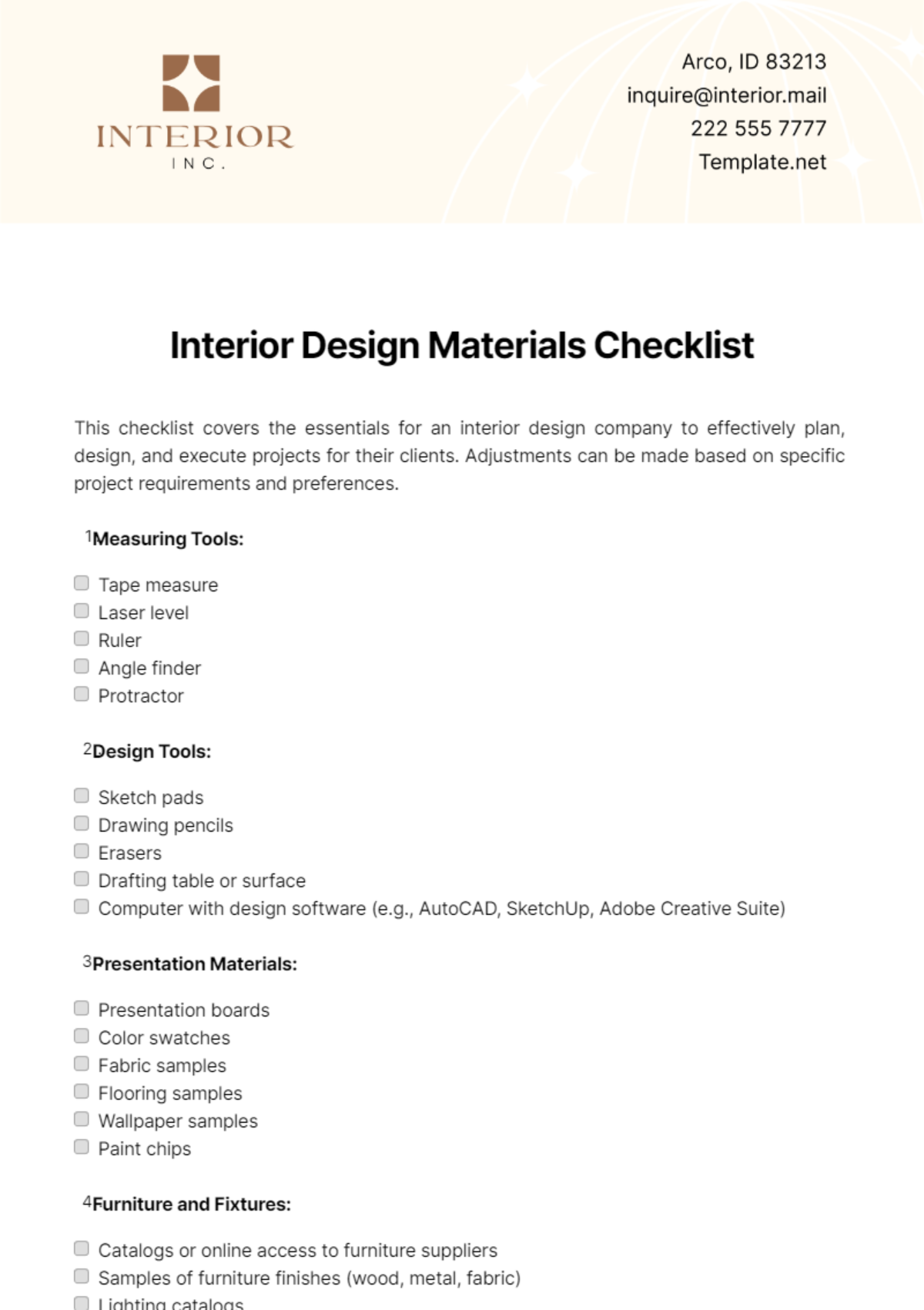 Interior Design Materials Checklist Template - Edit Online & Download