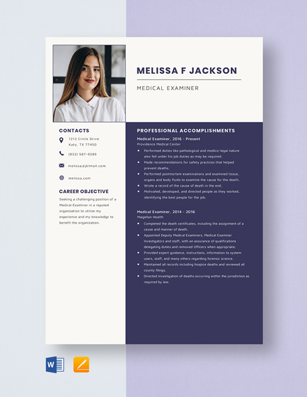 Free Medical Examiner Resume Template - Word, Apple Pages