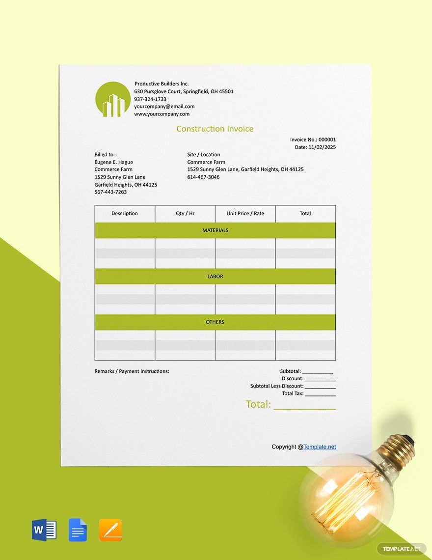 Blank Construction Invoice Template