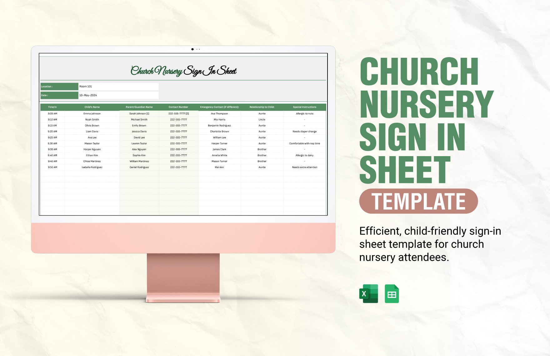 Church Nursery Sign in Sheet Template in Excel, Google Sheets