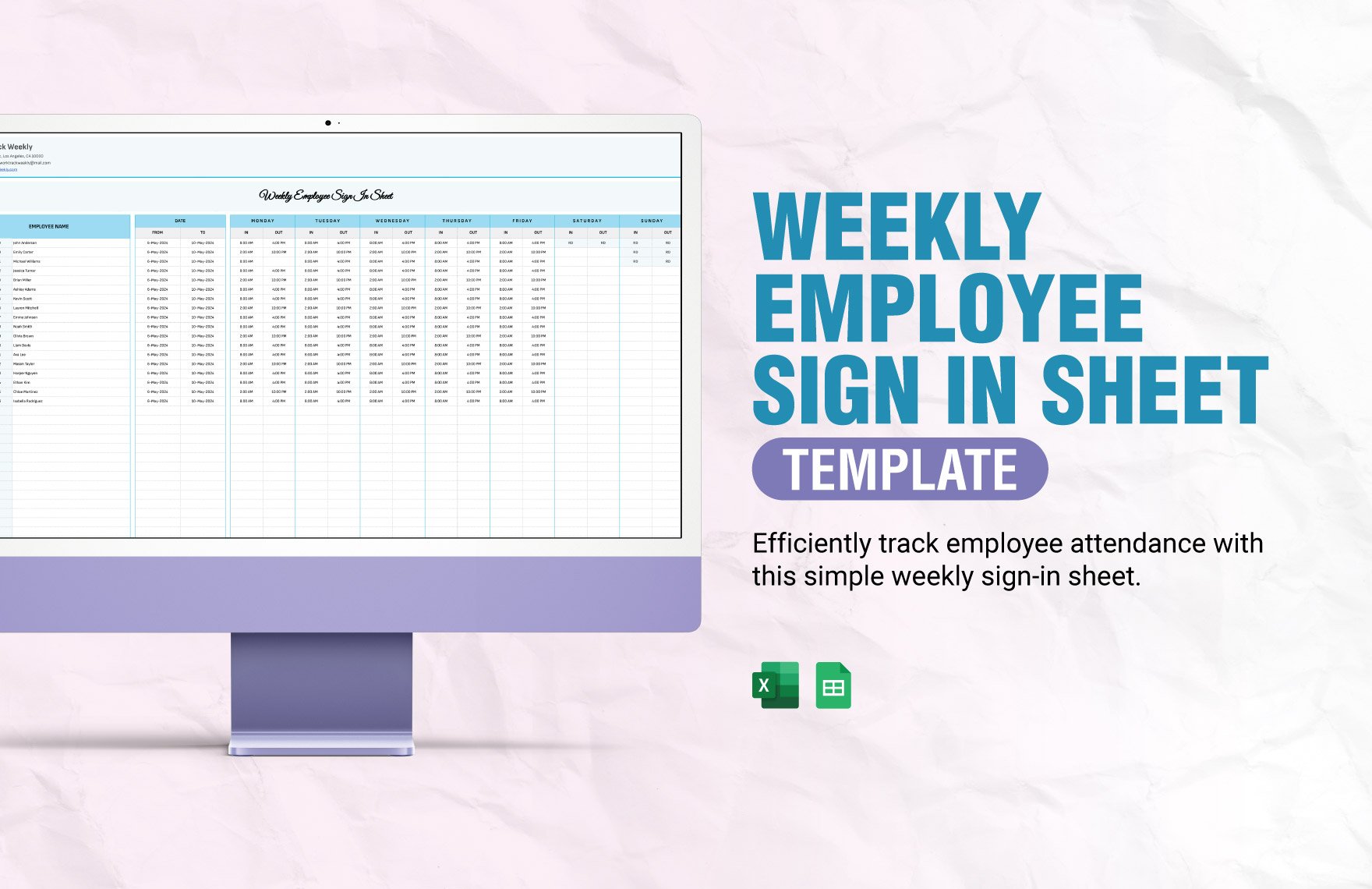 Weekly Employee Sign in Sheet Template in Excel, Google Sheets
