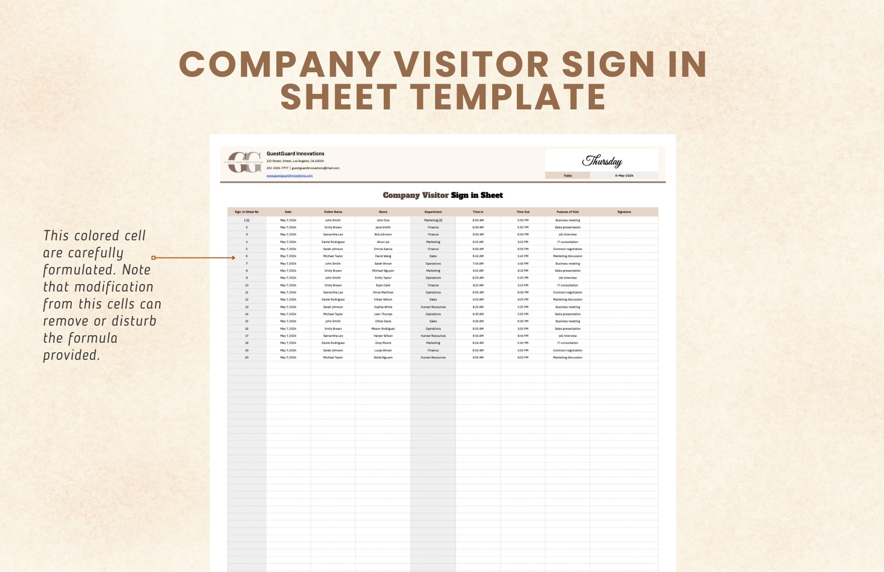 Company Visitor Sign in Sheet Template