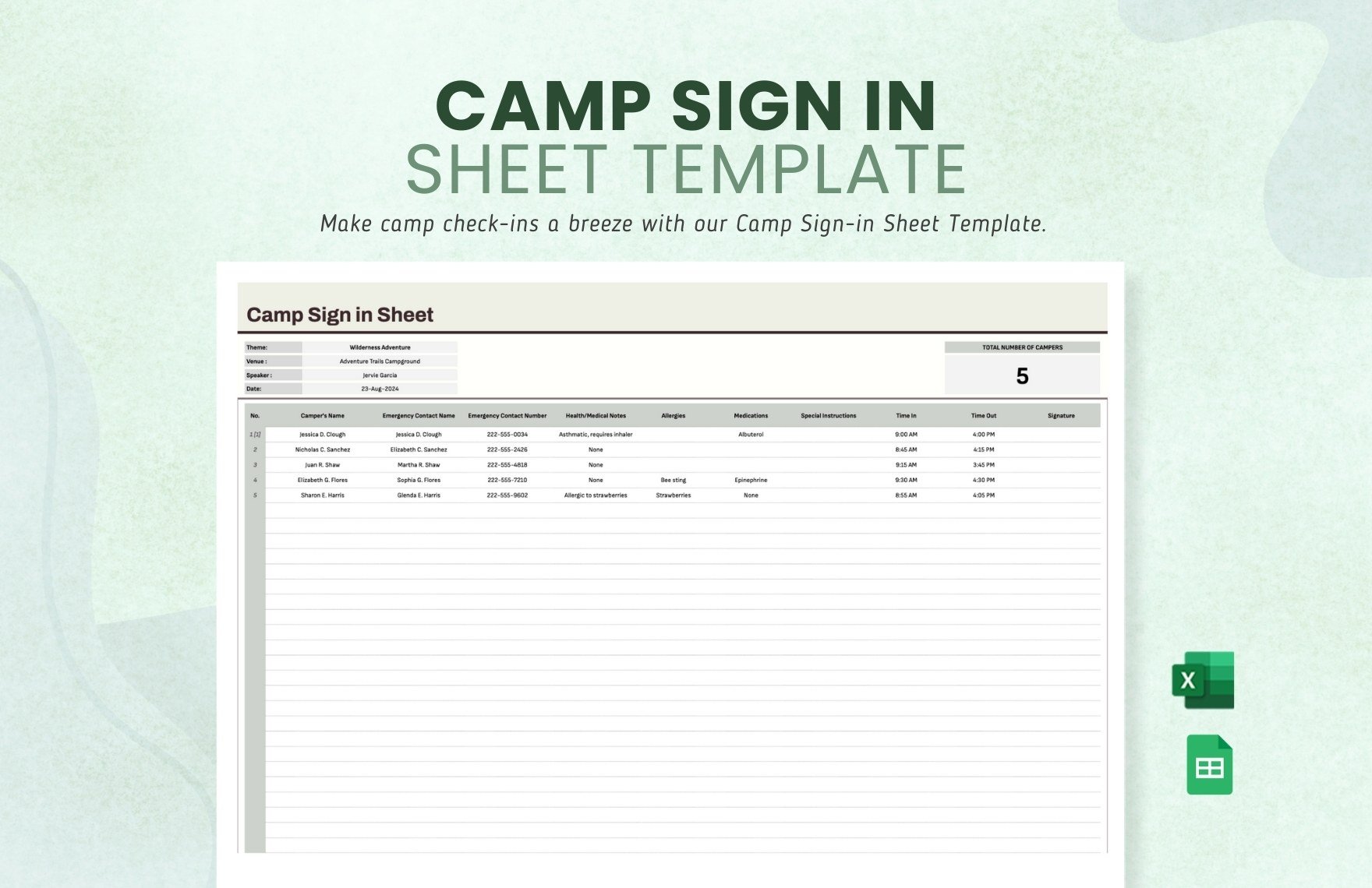 Camp Sign in Sheet Template in Excel, Google Sheets