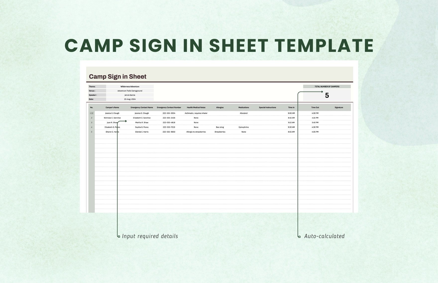 Camp Sign in Sheet Template
