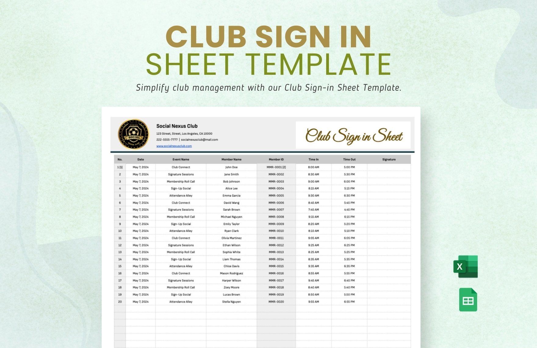 Club Sign in Sheet Template