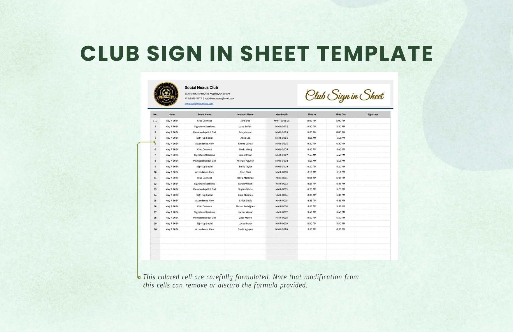 Club Sign in Sheet Template