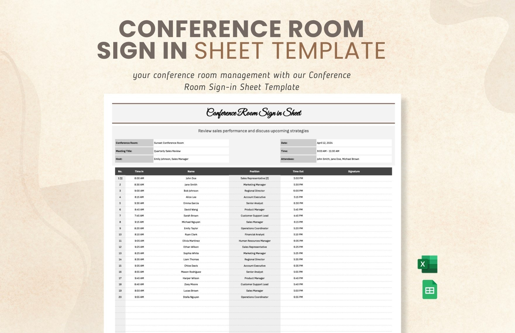 Conference Room Sign in Sheet Template in Excel, Google Sheets