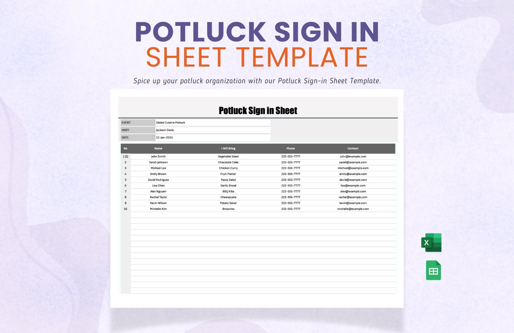 Free Potluck Sign in Sheet Template in Excel, Google Sheets