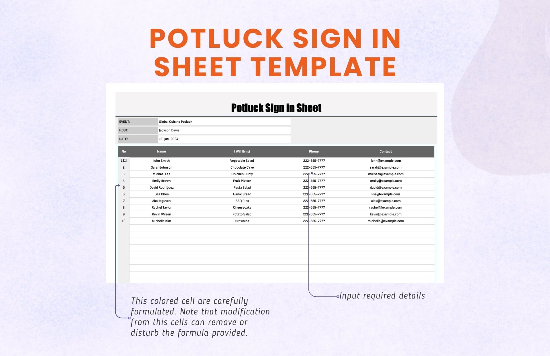 Potluck Sign in Sheet Template