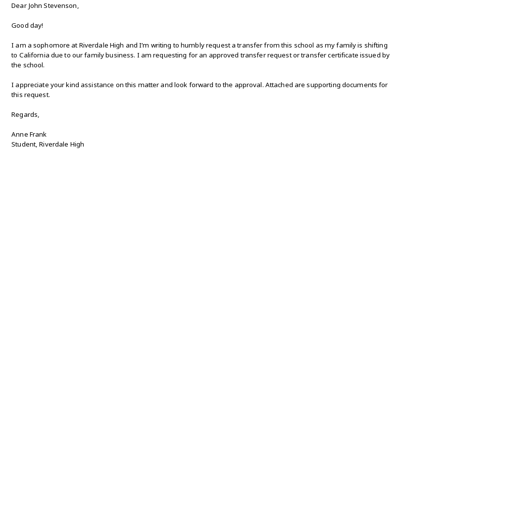 School Transfer Letter to Principal Template - Google Docs, Word