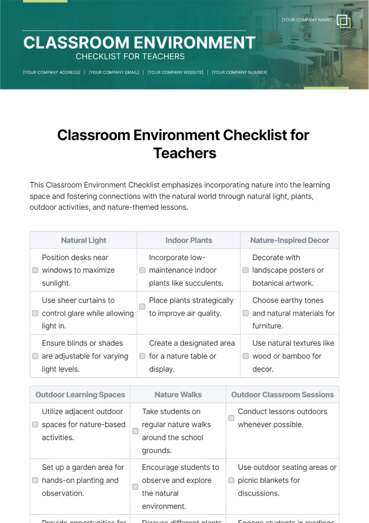Classroom Environment Checklist for Teachers Template