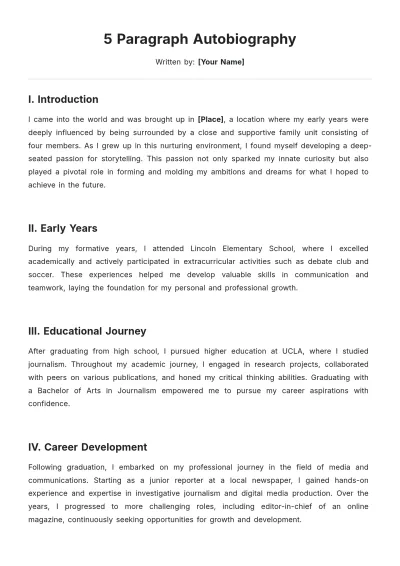 Free 5 Paragraph Autobiography Template to Edit Online
