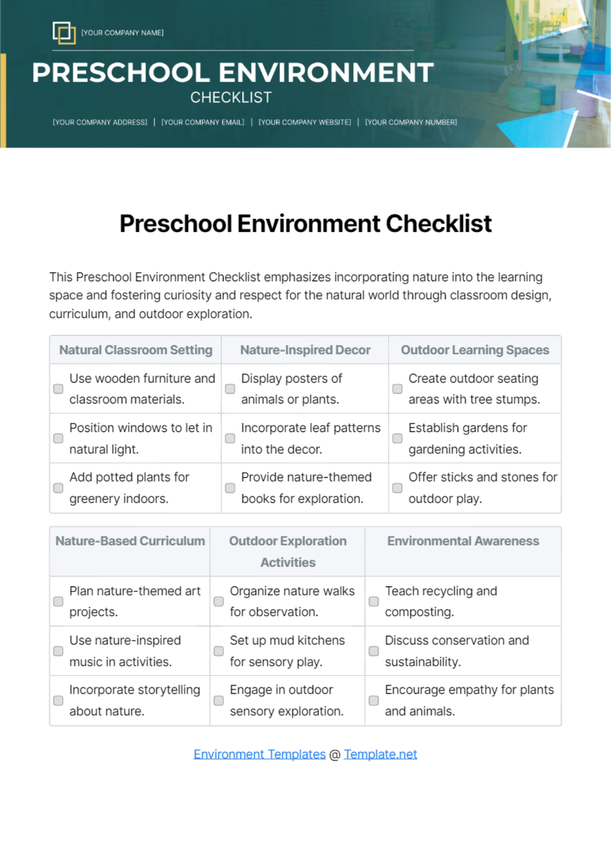 Preschool Environment Checklist Template