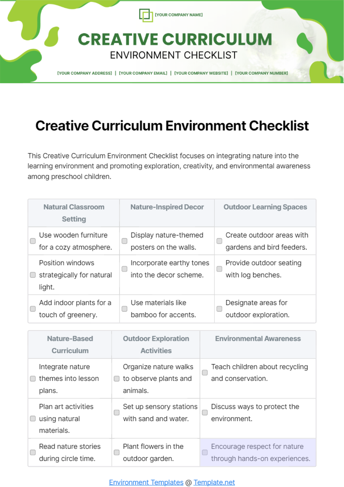 Creative Curriculum Environment Checklist Template
