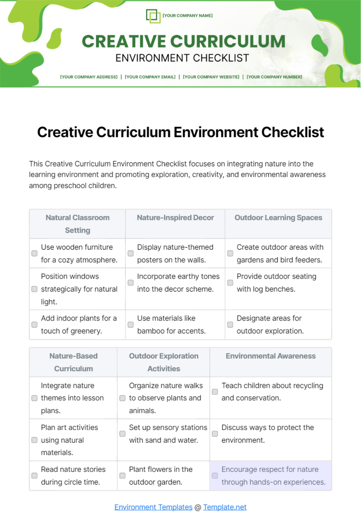 Creative Curriculum Environment Checklist Template - Edit Online & Download