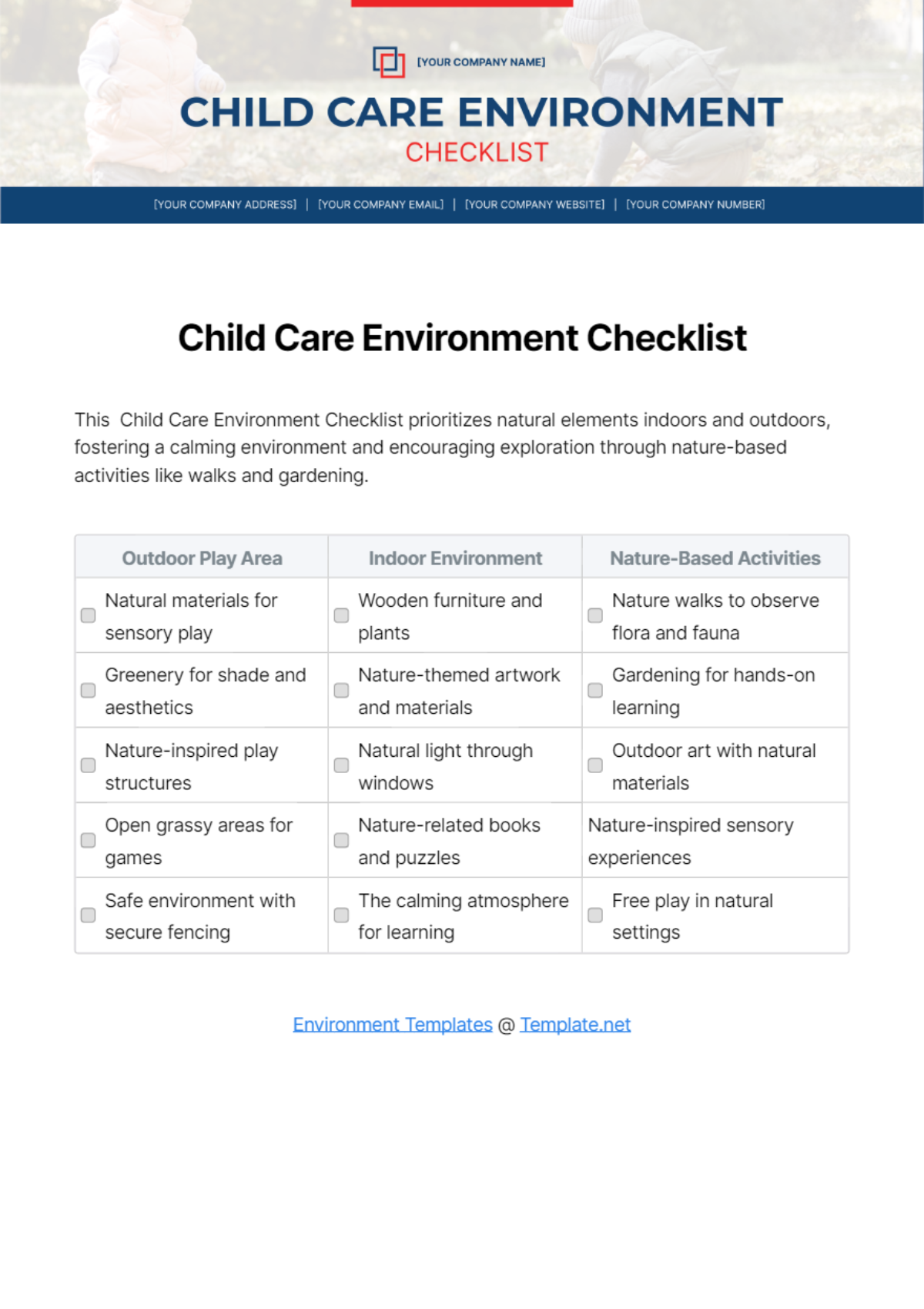 Child Care Environment Checklist Template
