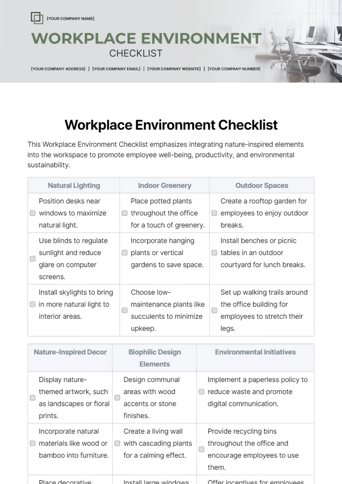Workplace Environment Checklist Template