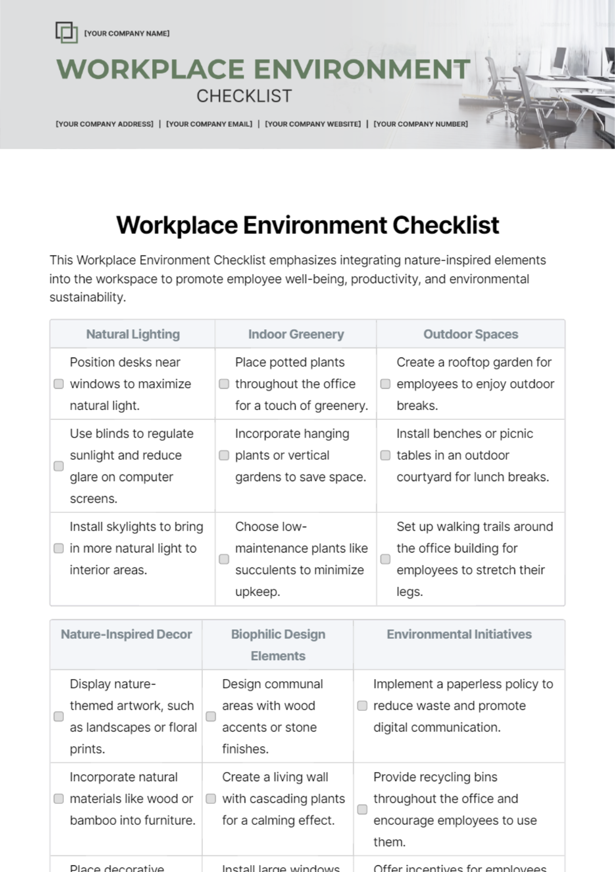 Workplace Environment Checklist Template - Edit Online & Download