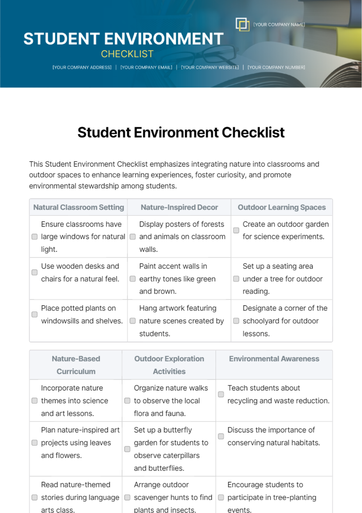 Student Environment Checklist Template