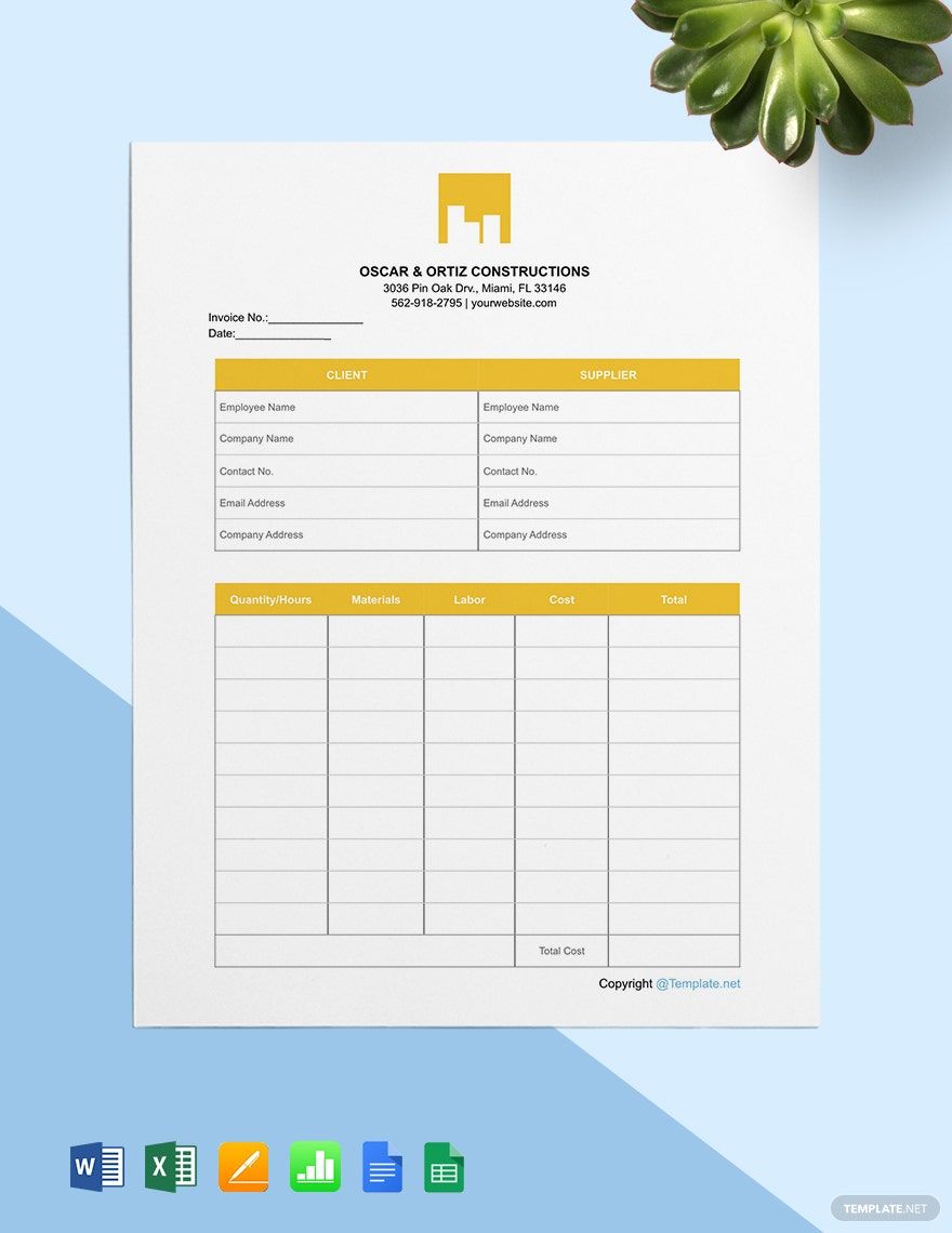Printable Construction Invoice Template in Word, Google Docs, Excel, Google Sheets, Apple Pages, Apple Numbers