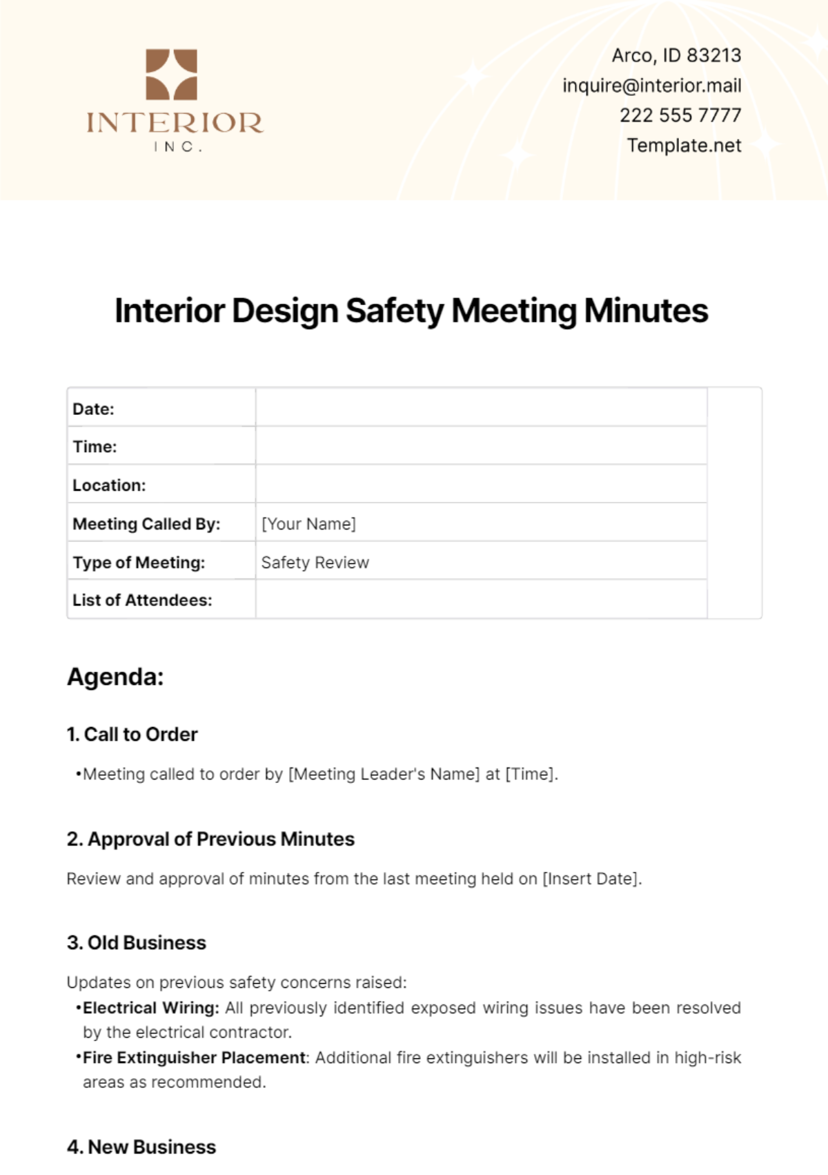 Interior Design Safety Meeting Minutes Template