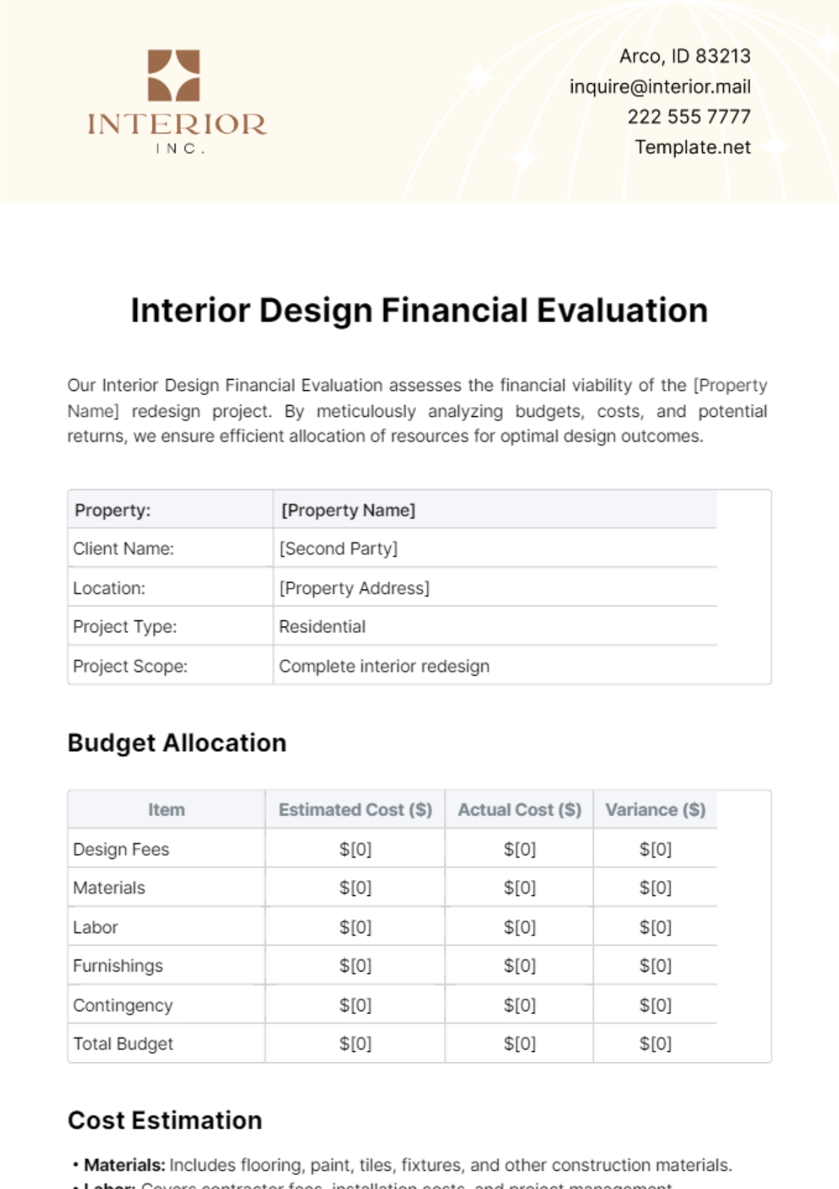 Interior Design Financial Evaluation Template - Edit Online & Download