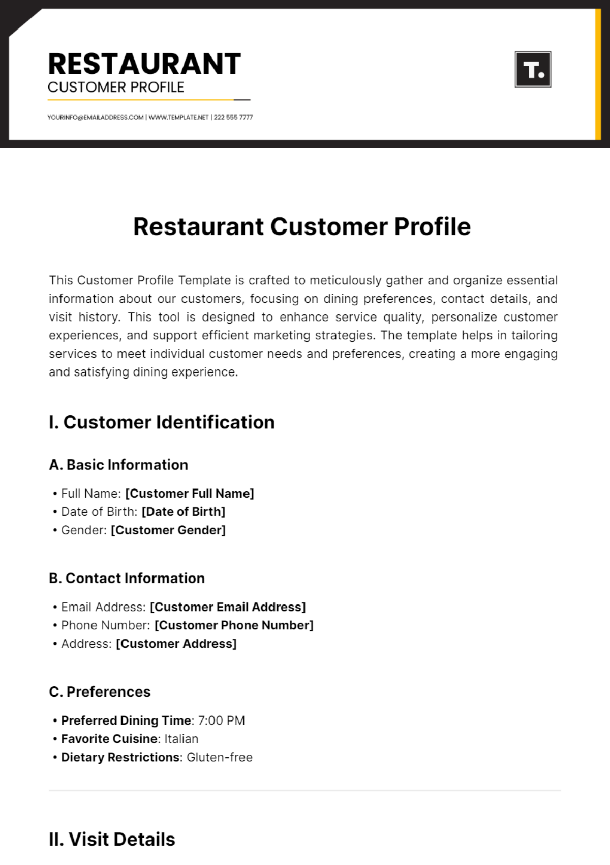 Restaurant Customer Profile Template