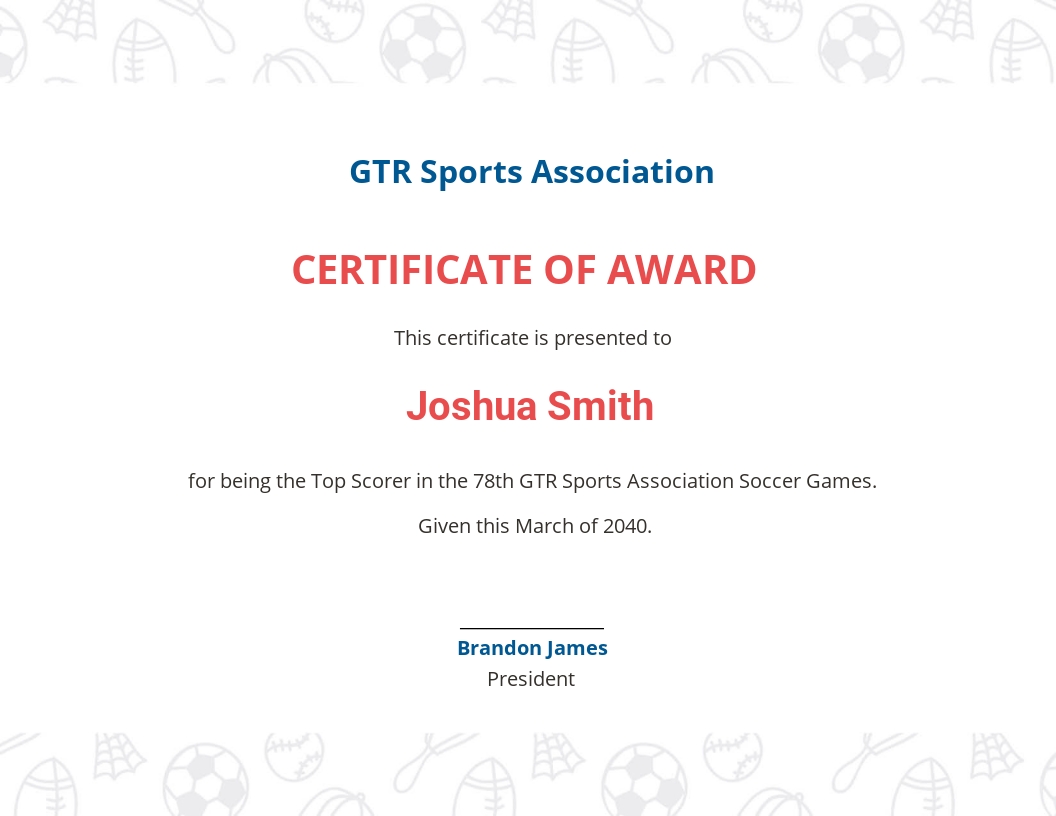 Free Elegant Soccer Award Certificate Template - Google Docs, Illustrator, InDesign, Word, Outlook, Apple Pages, PSD, Publisher