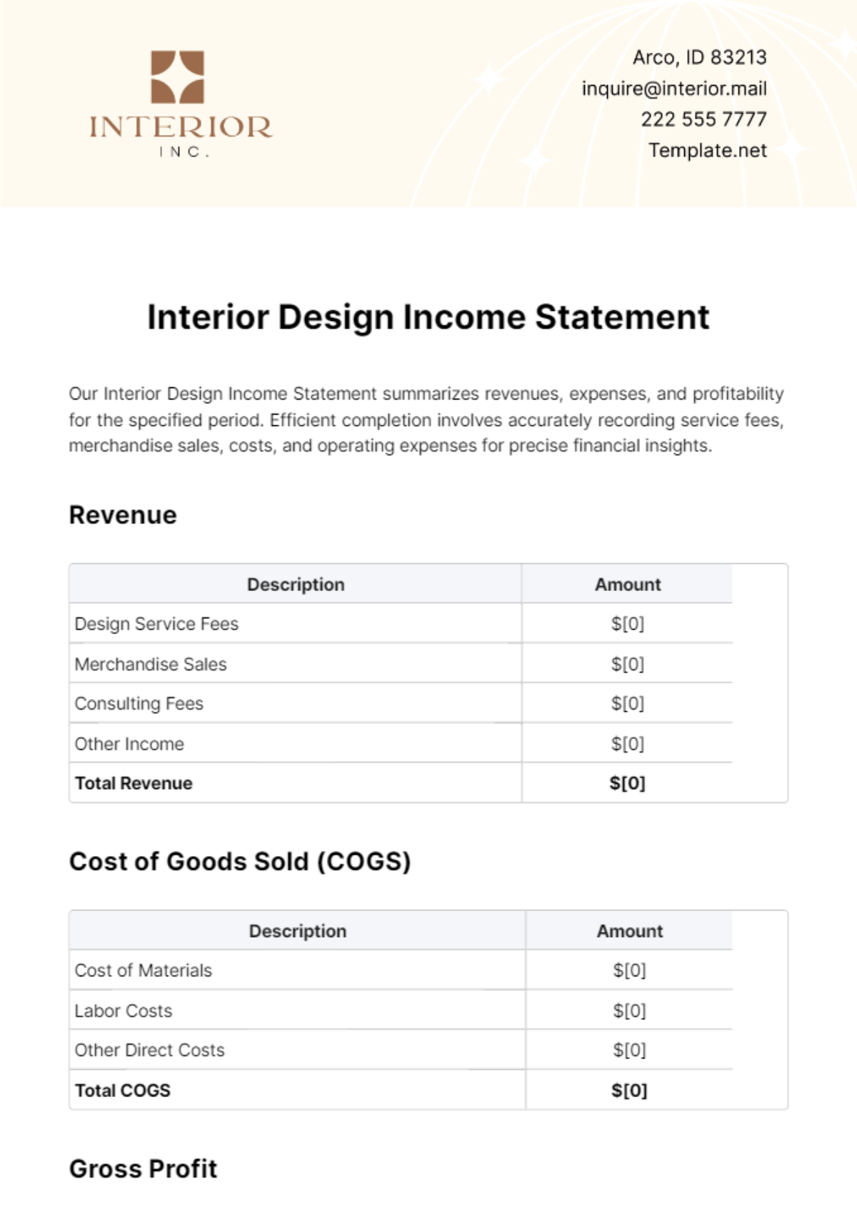 Interior Design Income Statement Template - Edit Online & Download