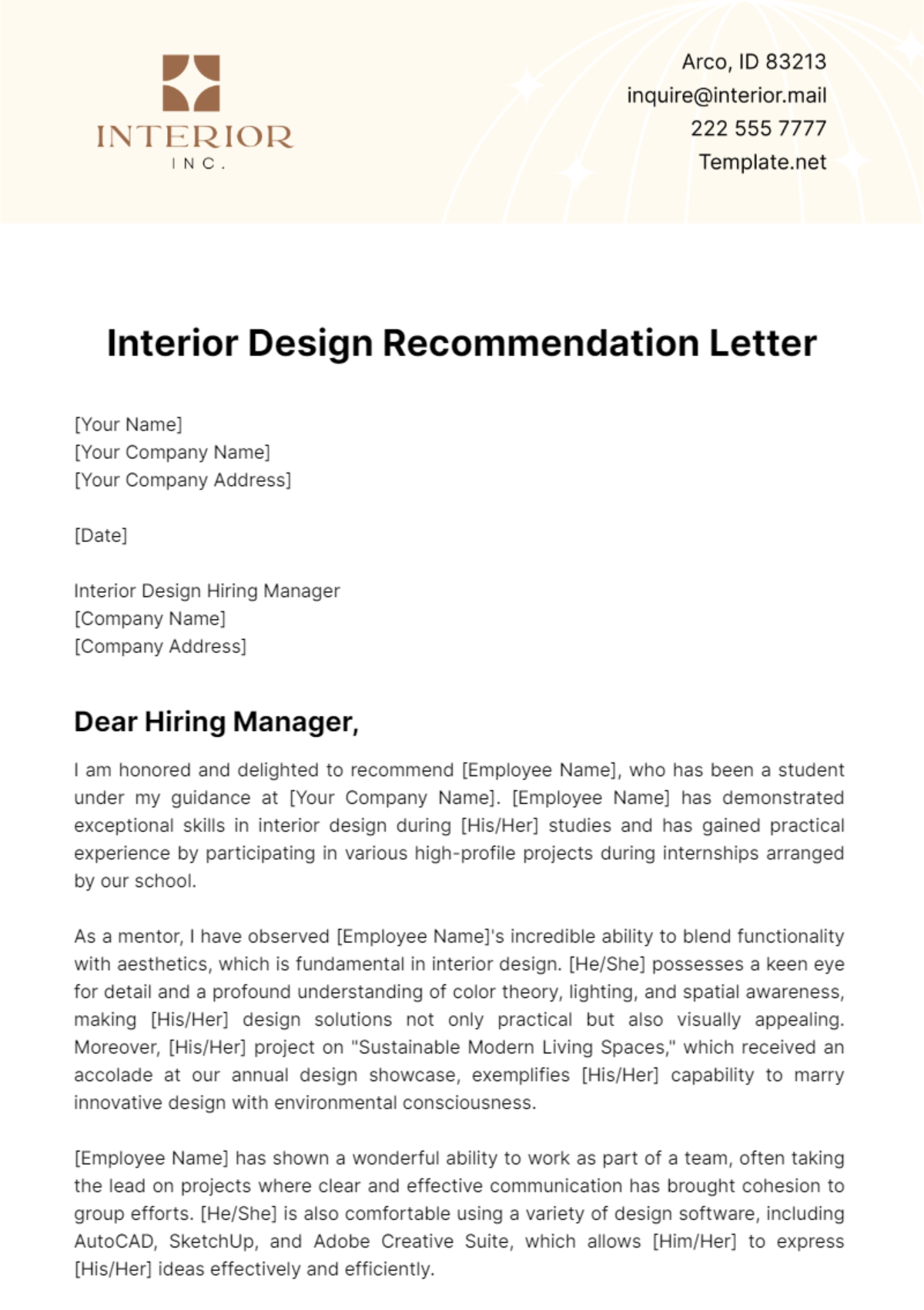 Interior Design Recommendation Letter Template