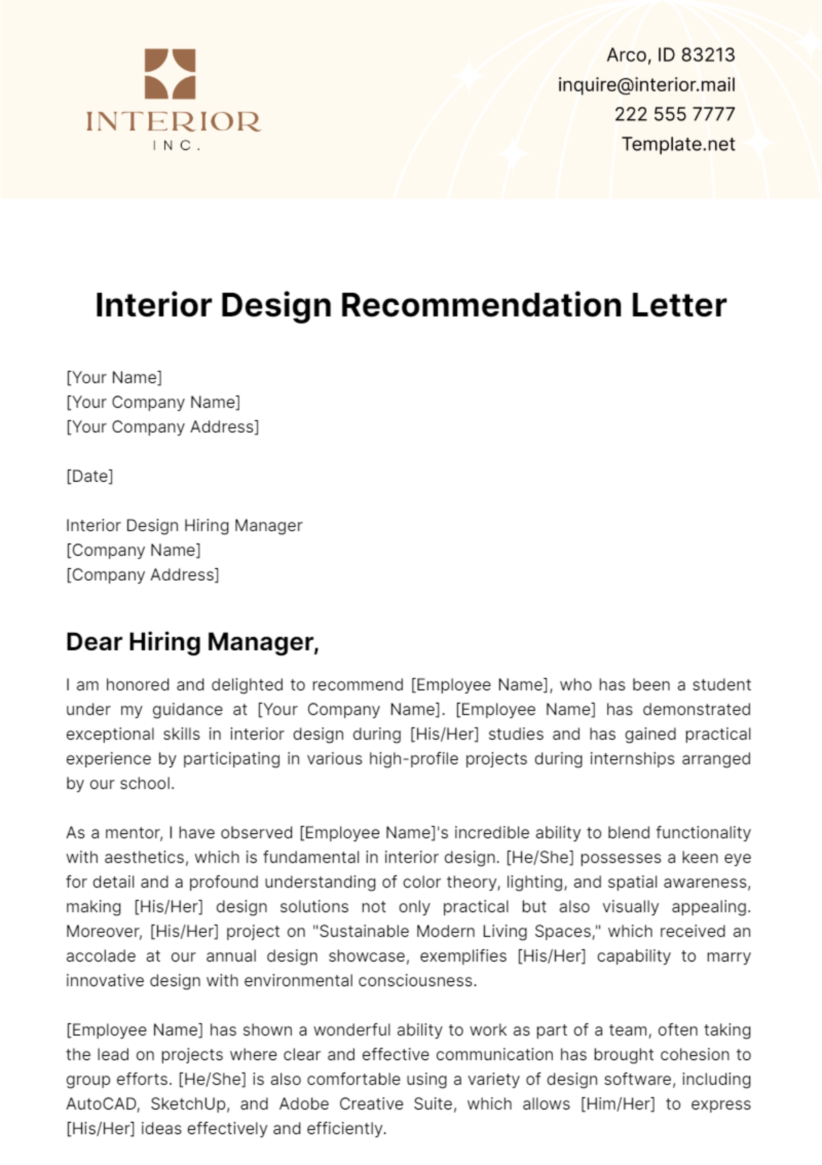 Interior Design Recommendation Letter Template - Edit Online & Download