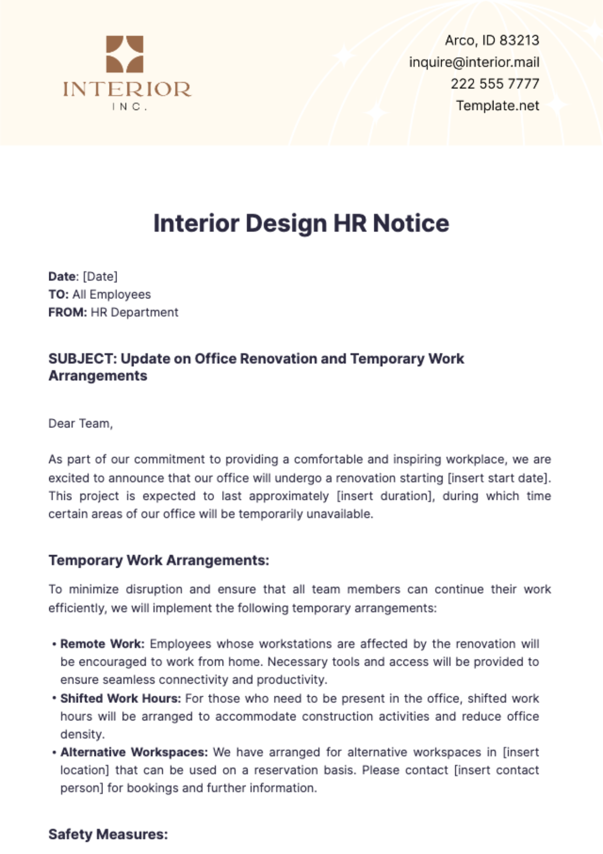 Free Interior Design HR Notice Template