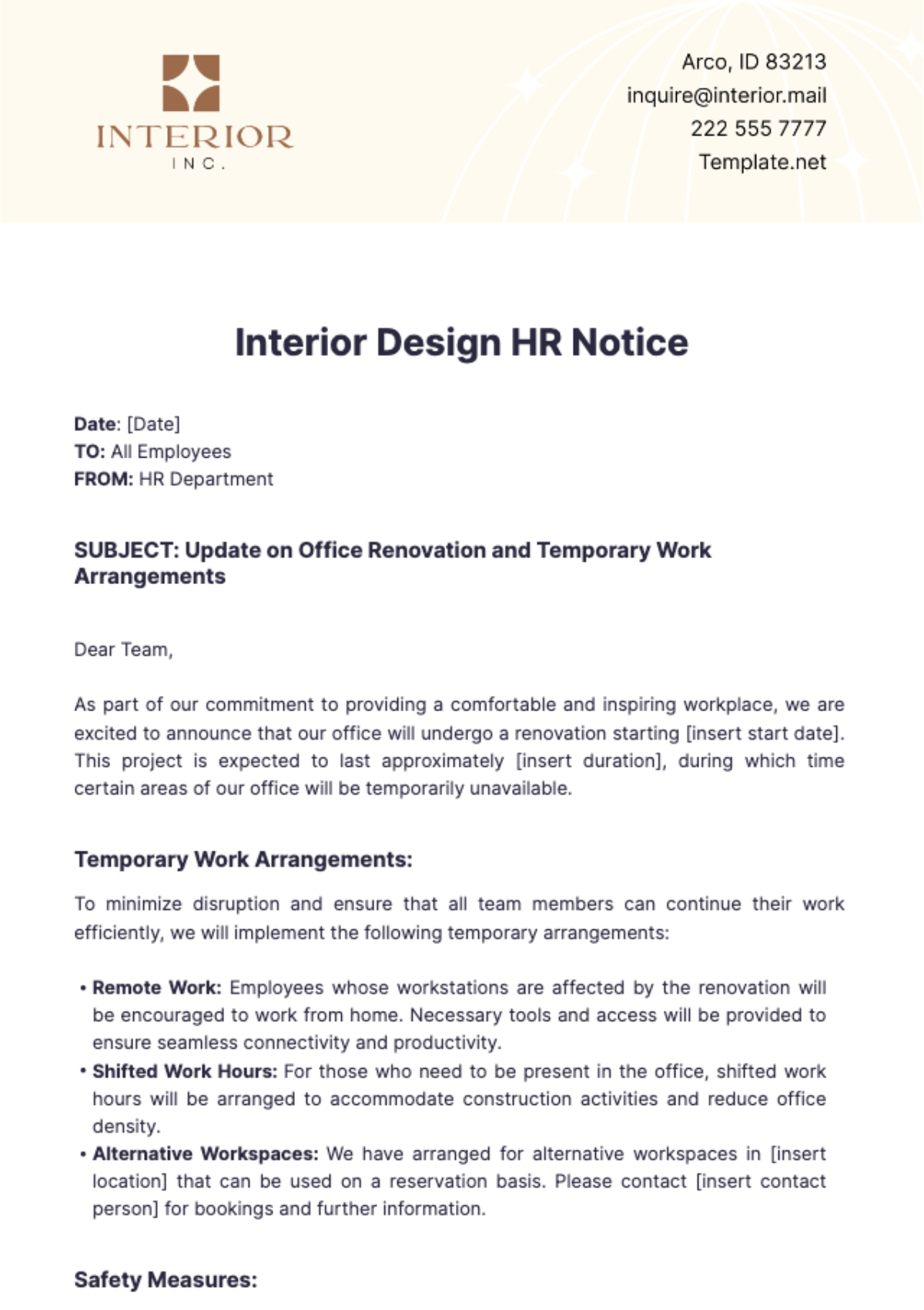 Interior Design HR Notice Template - Edit Online & Download