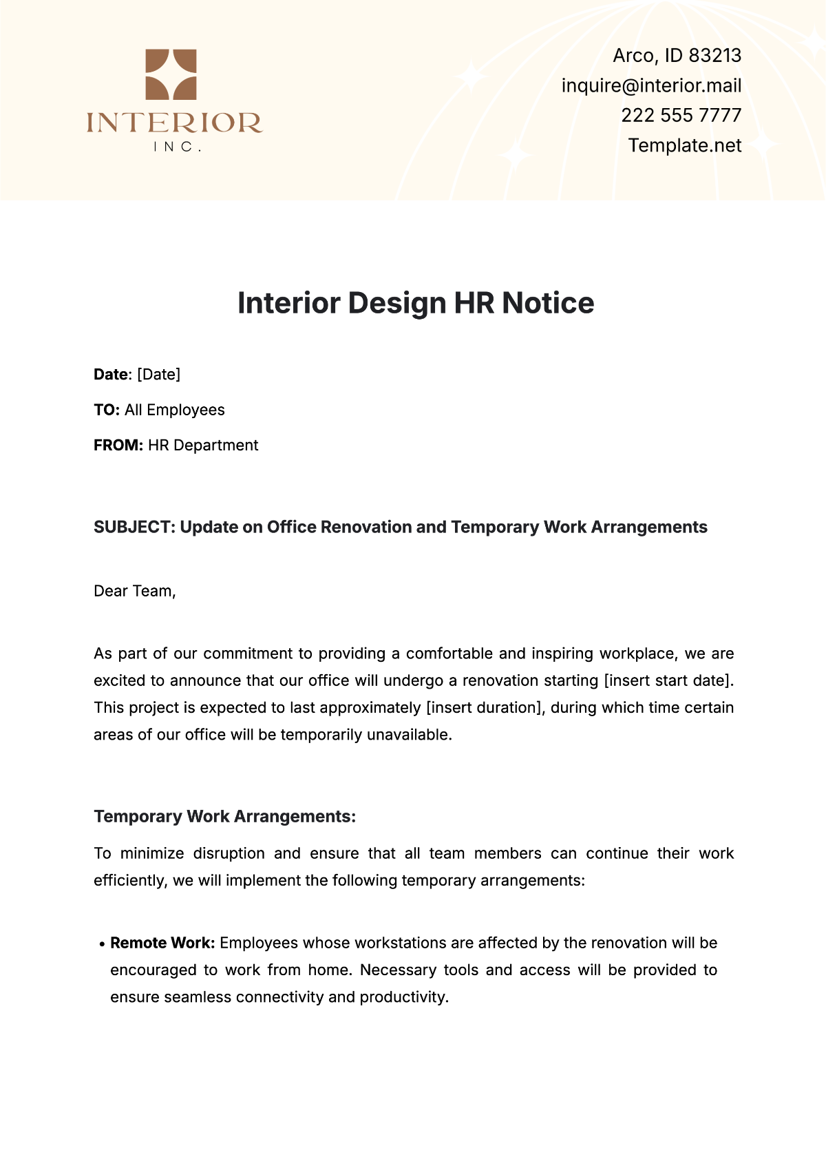 Free Interior Design HR Notice Template